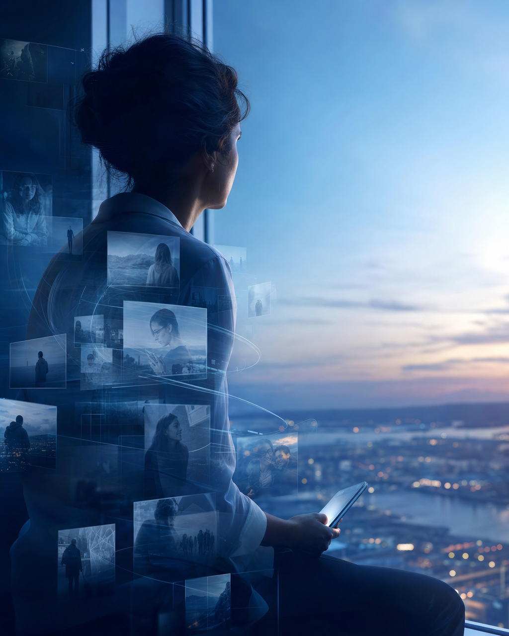 Pessoa observando a cidade com smartphone e camadas translúcidas de memória, identidade e vínculos digitais