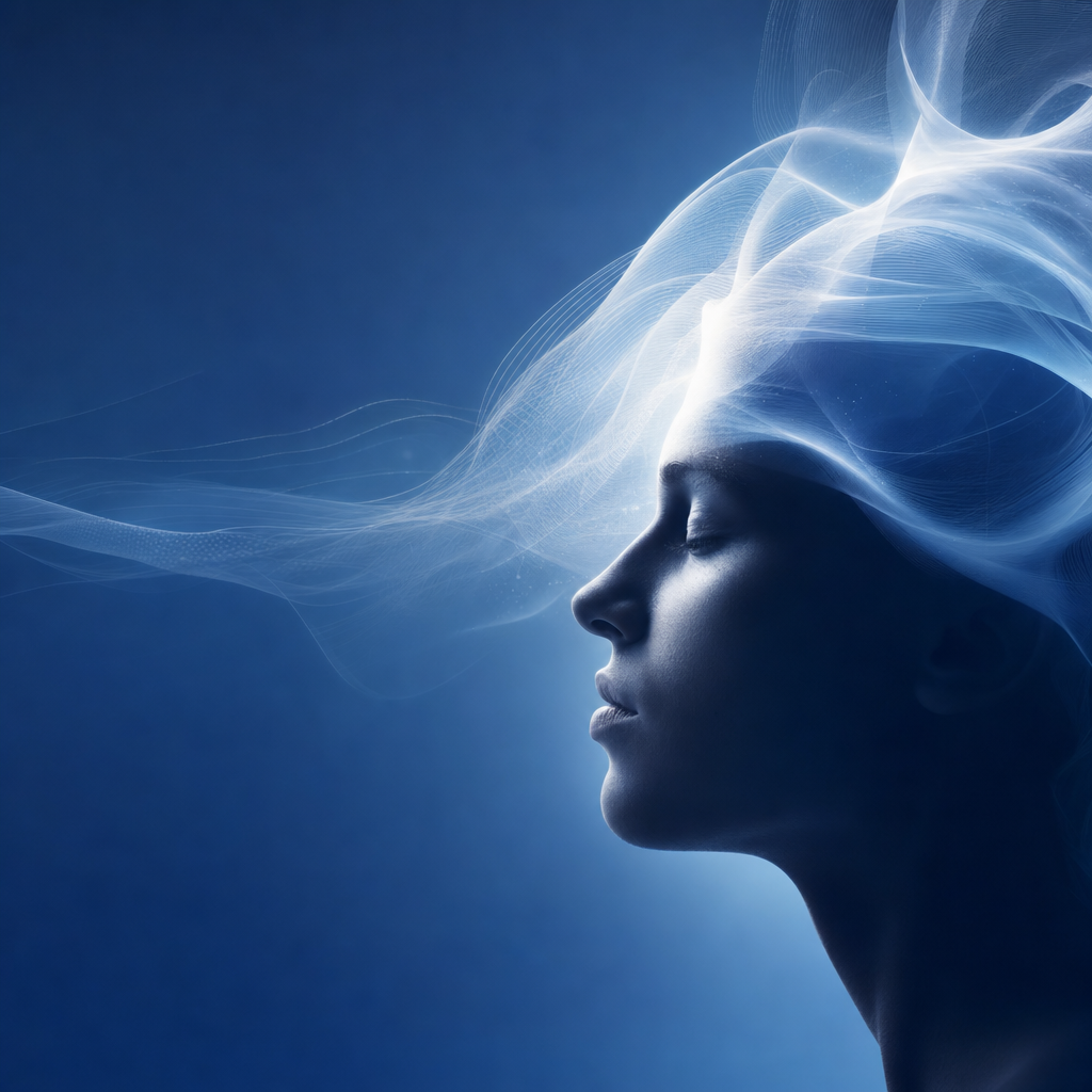 Perfil humano com ondas luminosas representando consciência expandida